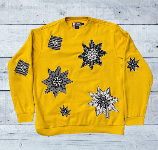 ***CLEARANCE***Upcycled Gold Crewneck Sweatshirt Jumper with Blue Reverse Appliqué Stars – Handmade Sustainable Clothing (Size Medium)