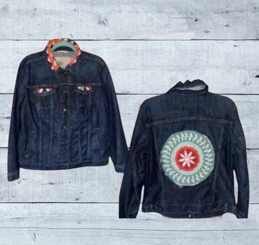 ***CLEARANCE***Upcycled Jean Jacket – XL Thrifted Denim with Reverse Appliqué Mandala Quilt Details | Handmade Sustainable Clothing