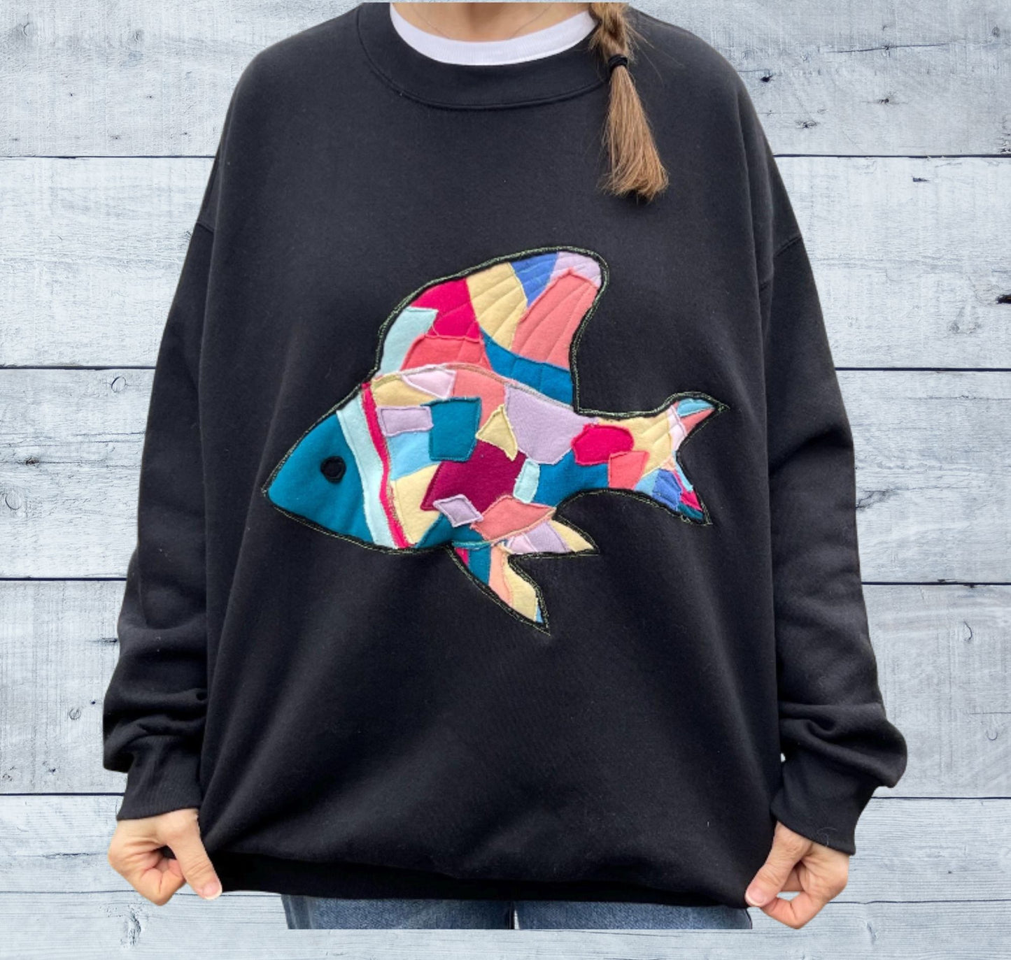 ***CLEARANCE***Upcycled Reverse Appliqué Fish Sweatshirt | Handmade Patchwork Design | Size Large
