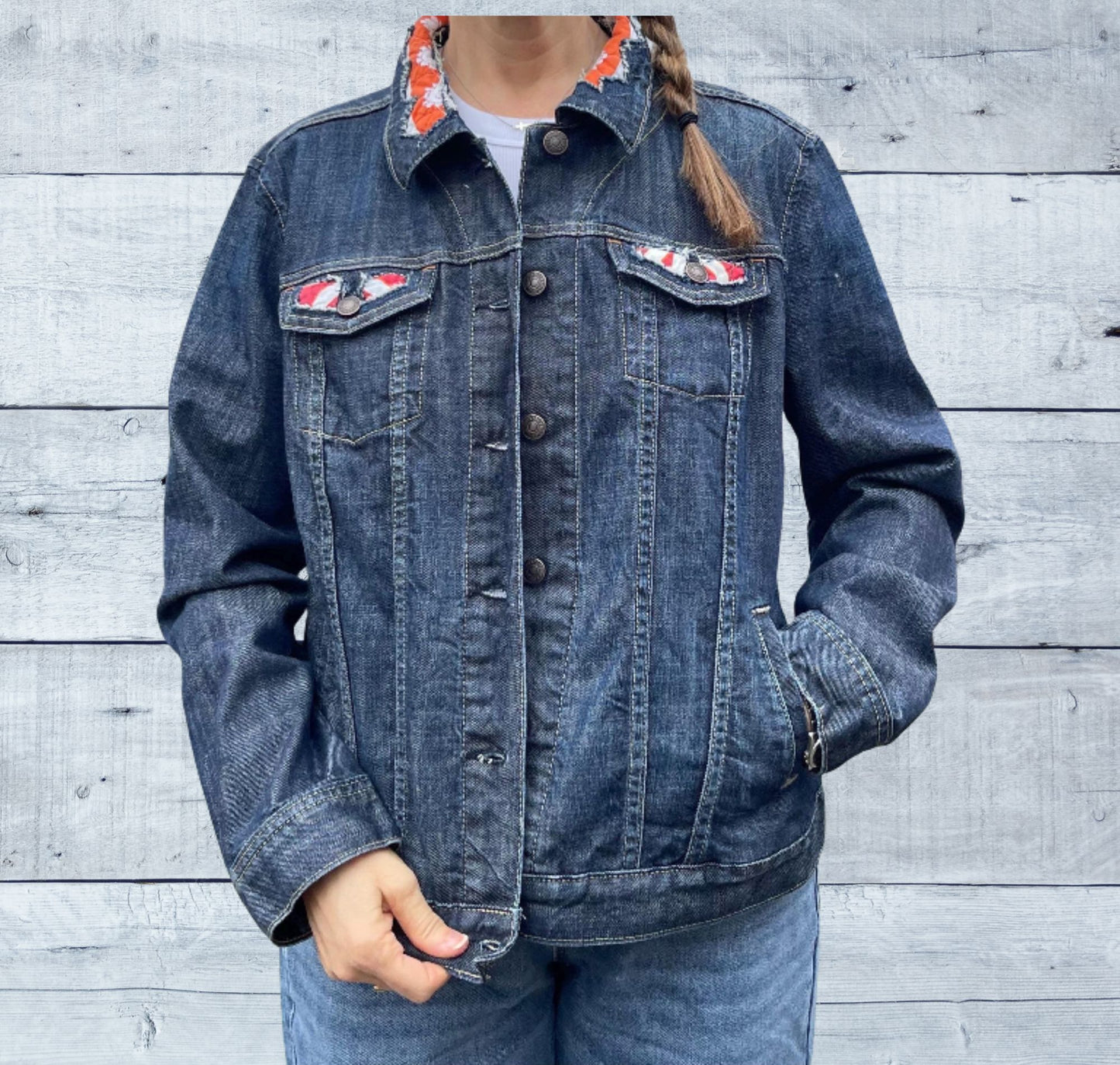 ***CLEARANCE***Upcycled Jean Jacket – XL Thrifted Denim with Reverse Appliqué Mandala Quilt Details | Handmade Sustainable Clothing