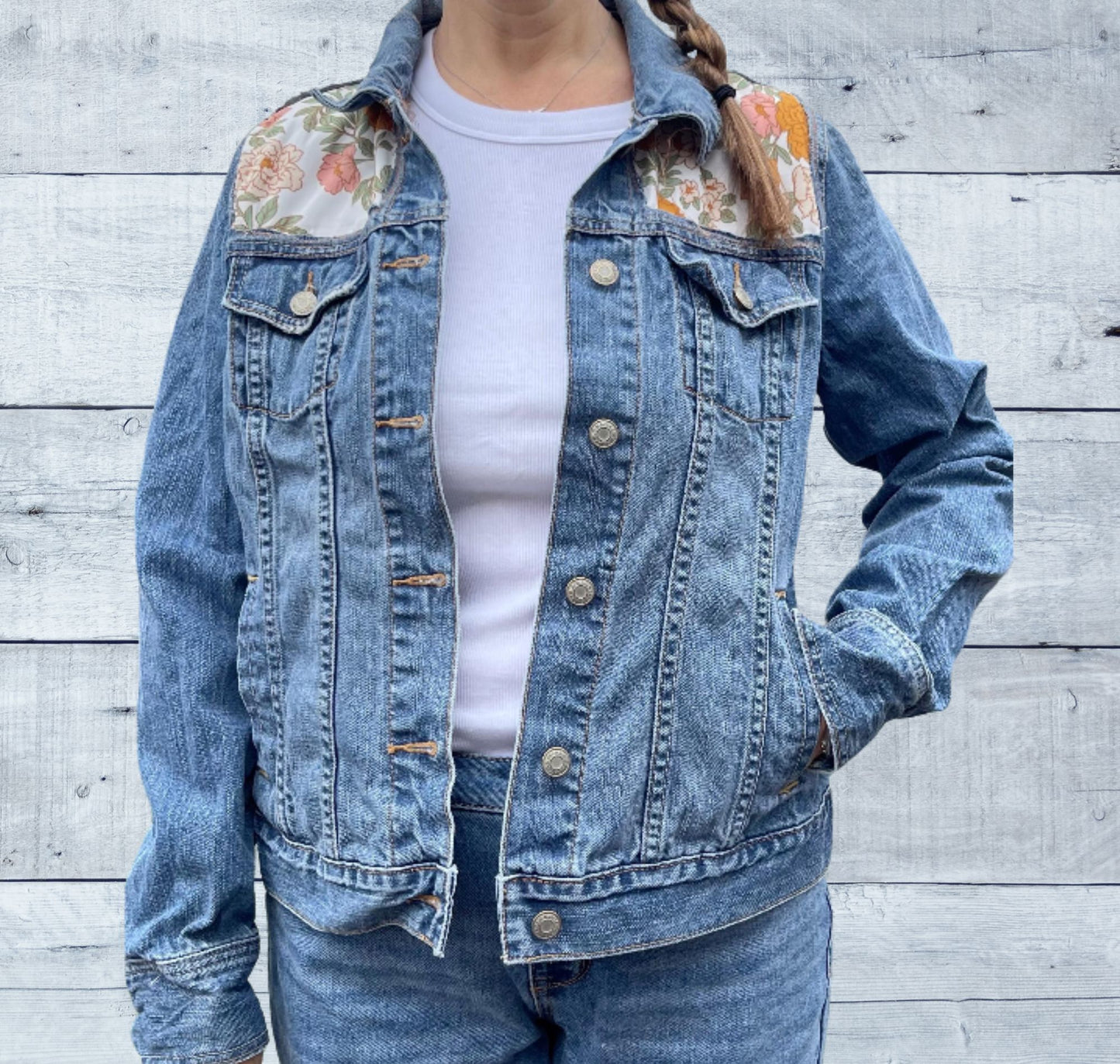 ***CLEARANCE***Upcycled Denim Jean Jacket with Vintage Floral Inset | Size Large| Handmade Sustainable Clothing