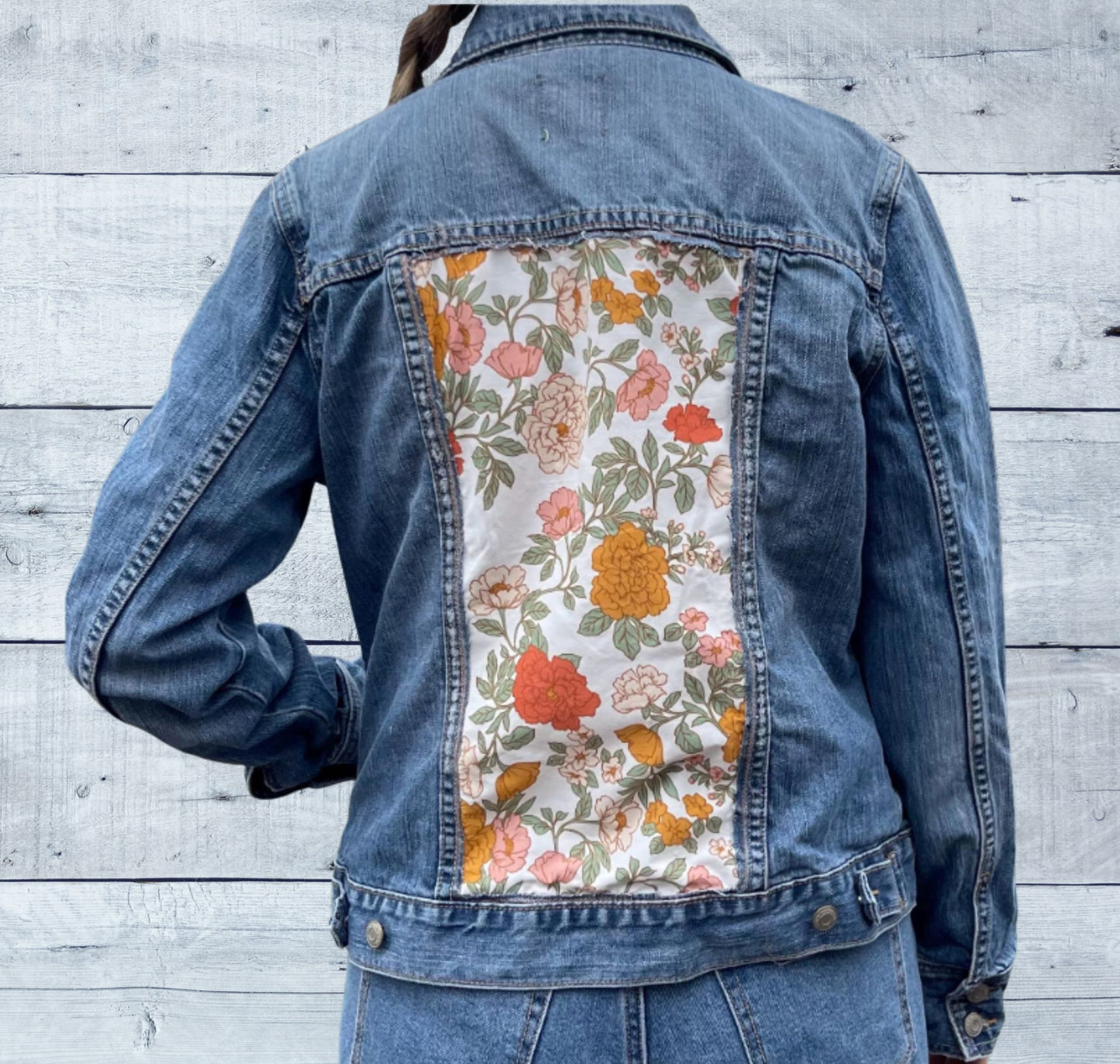 ***CLEARANCE***Upcycled Denim Jean Jacket with Vintage Floral Inset | Size Large| Handmade Sustainable Clothing