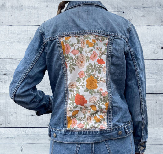 ***CLEARANCE***Upcycled Denim Jean Jacket with Vintage Floral Inset | Size Large| Handmade Sustainable Clothing