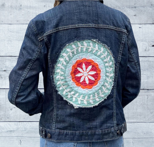 ***CLEARANCE***Upcycled Jean Jacket – XL Thrifted Denim with Reverse Appliqué Mandala Quilt Details | Handmade Sustainable Clothing