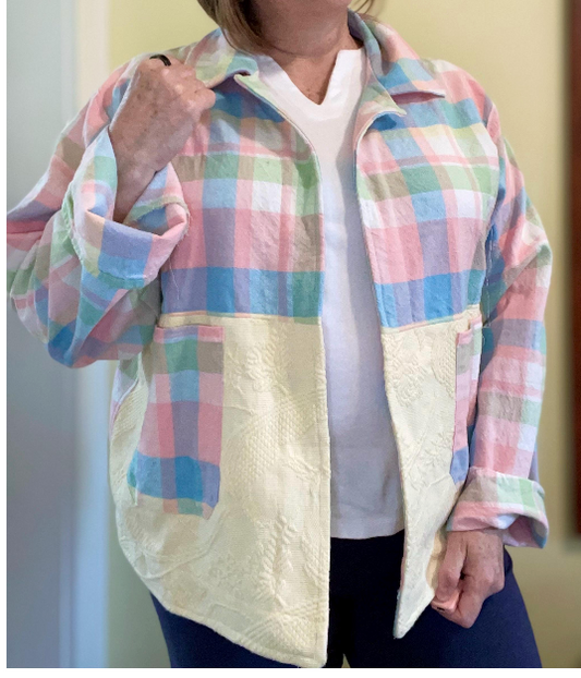 ***CLEARANCE***Upcycled Chore Coat XXL – Handmade Pastel Jacket, Cottagecore Clothing, Reworked Quilt Style Coat