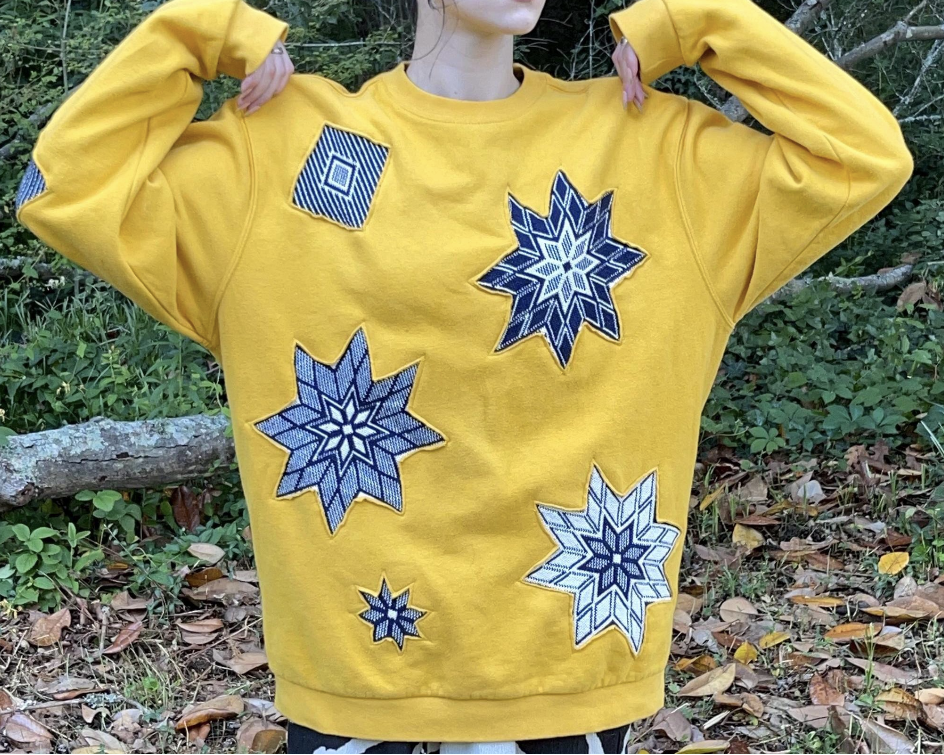***CLEARANCE***Upcycled Gold Crewneck Sweatshirt Jumper with Blue Reverse Appliqué Stars – Handmade Sustainable Clothing (Size Medium)