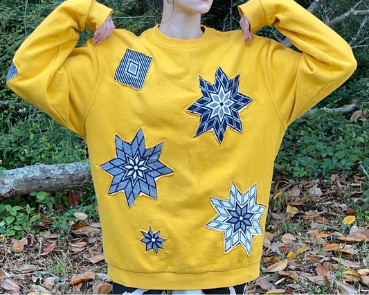 ***CLEARANCE***Upcycled Gold Crewneck Sweatshirt Jumper with Blue Reverse Appliqué Stars – Handmade Sustainable Clothing (Size Medium)