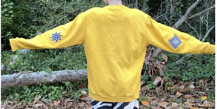 ***CLEARANCE***Upcycled Gold Crewneck Sweatshirt Jumper with Blue Reverse Appliqué Stars – Handmade Sustainable Clothing (Size Medium)