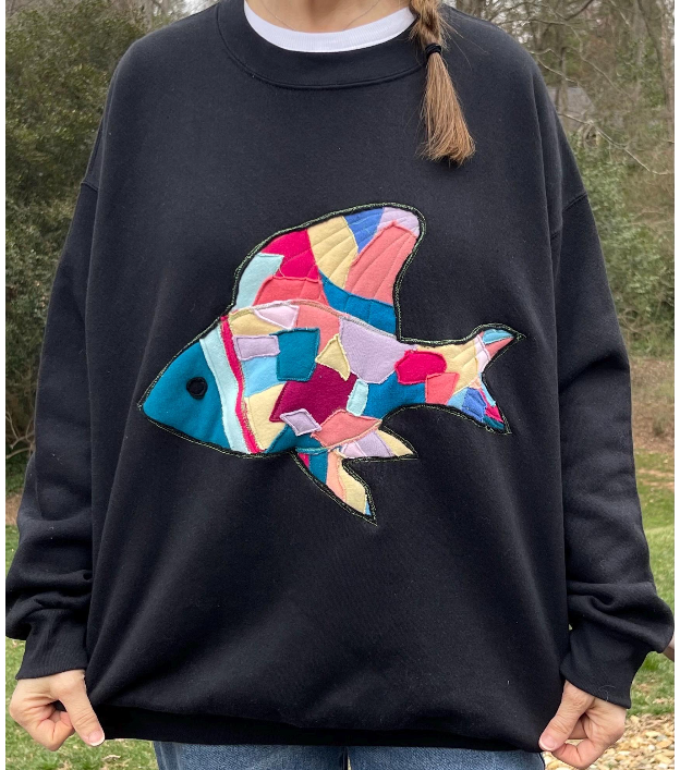 ***CLEARANCE***Upcycled Reverse Appliqué Fish Sweatshirt | Handmade Patchwork Design | Size Large