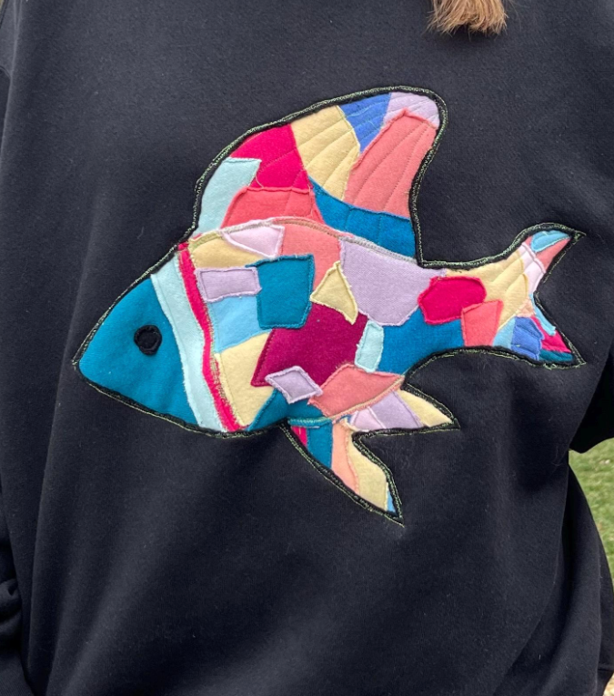 ***CLEARANCE***Upcycled Reverse Appliqué Fish Sweatshirt | Handmade Patchwork Design | Size Large